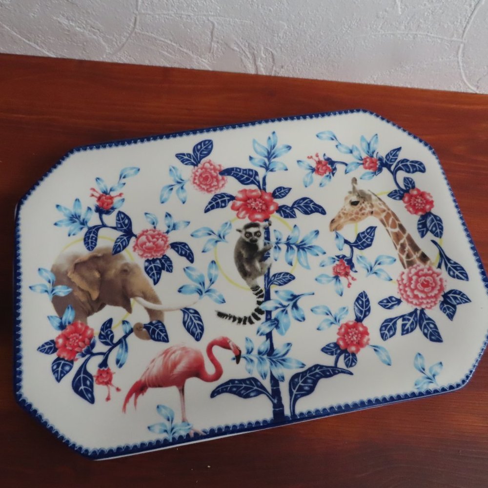 Anthropologie Animal Print Platter with Blue and Red Floral Design